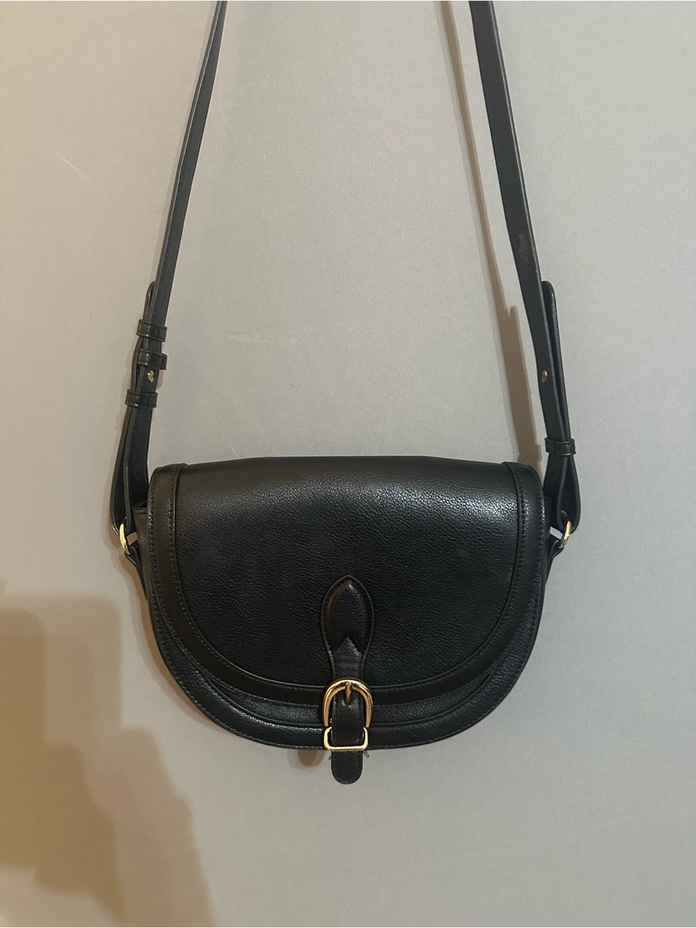 LOFT Black Leather Saddle Crossbody with Gold Buckle Accent